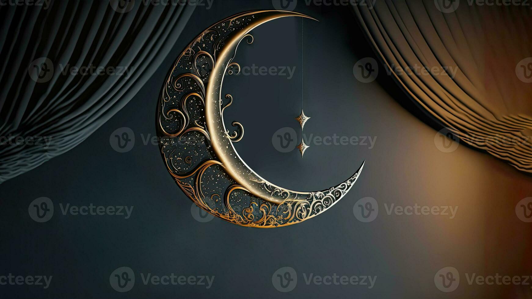 3D Render of Hanging Exquisite Shiny Carved Moon With Star And Curtain On Dark Background. Islamic Religious Concept. photo