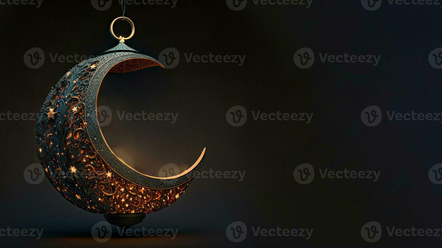 3D Render of Hanging Exquisite Crescent Moon With Stars On Black Background. Islamic Religious Concept. photo