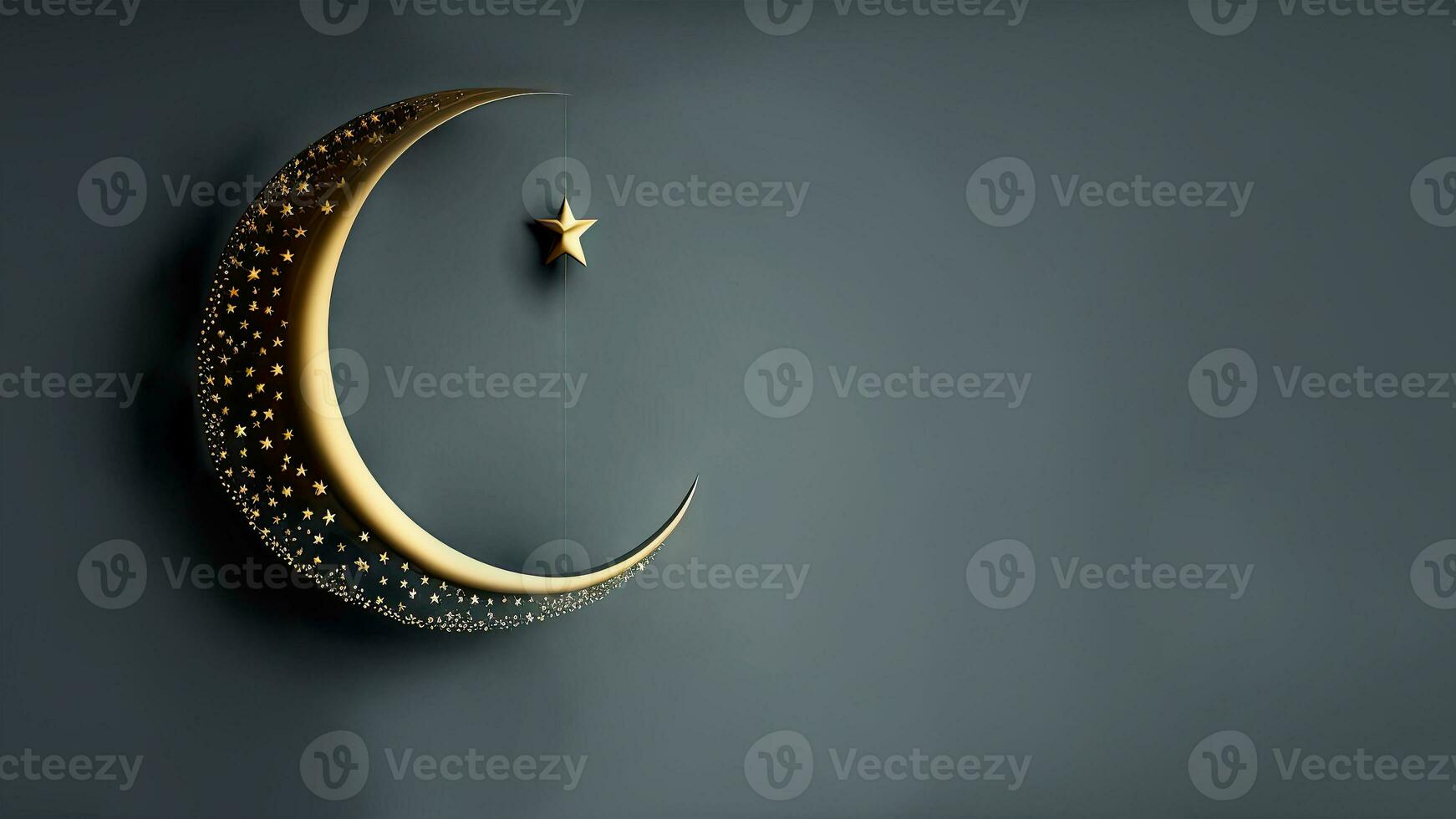3D Render of Exquisite Shiny Carved Moon With Star On Dark Background. Islamic Religious Concept. photo