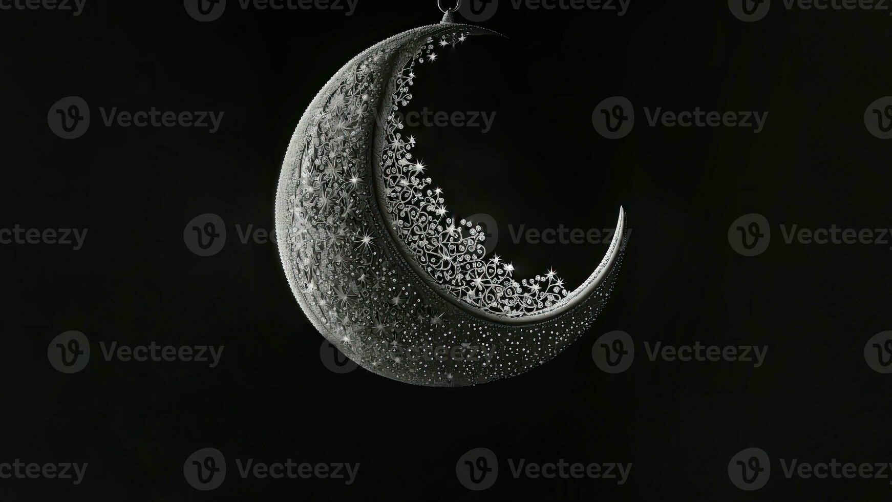 Hanging Exquisite Crescent Moon On Dark Background. 3D Render. Islamic Festival Concept. photo