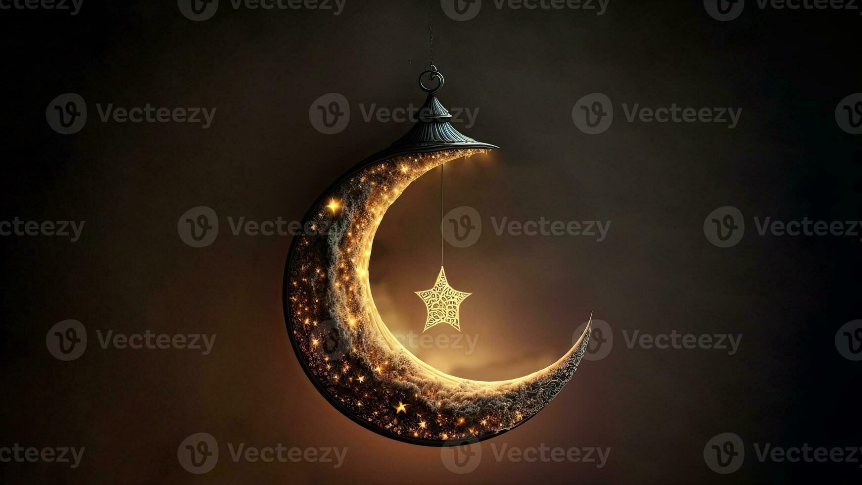 3D Render of Hanging Exquisite Carved Moon With Star On Dark Background. Islamic Religious Concept. photo