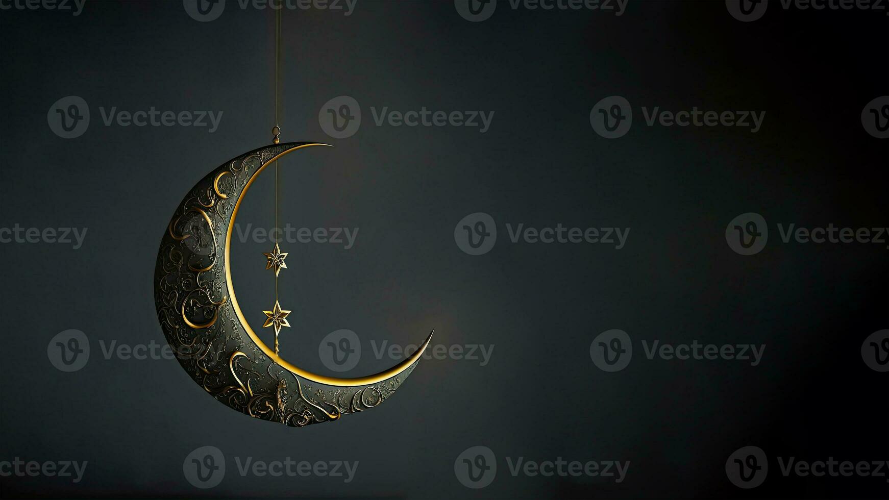 3D Render of Hanging Exquisite Shiny Carved Moon With Star On Dark Background. Islamic Religious Concept. photo