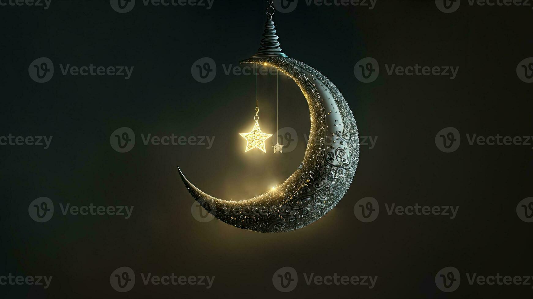 3D Render of Exquisite Shiny Crescent Moon On Bokeh Background. Islamic Religious Concept. photo