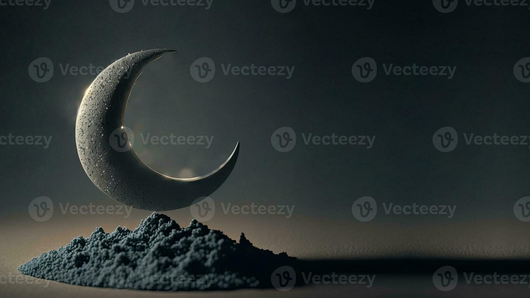 3D Render of Crescent Moon Decorated With Glowing Stars On Dune. Islamic Religious Concept. photo