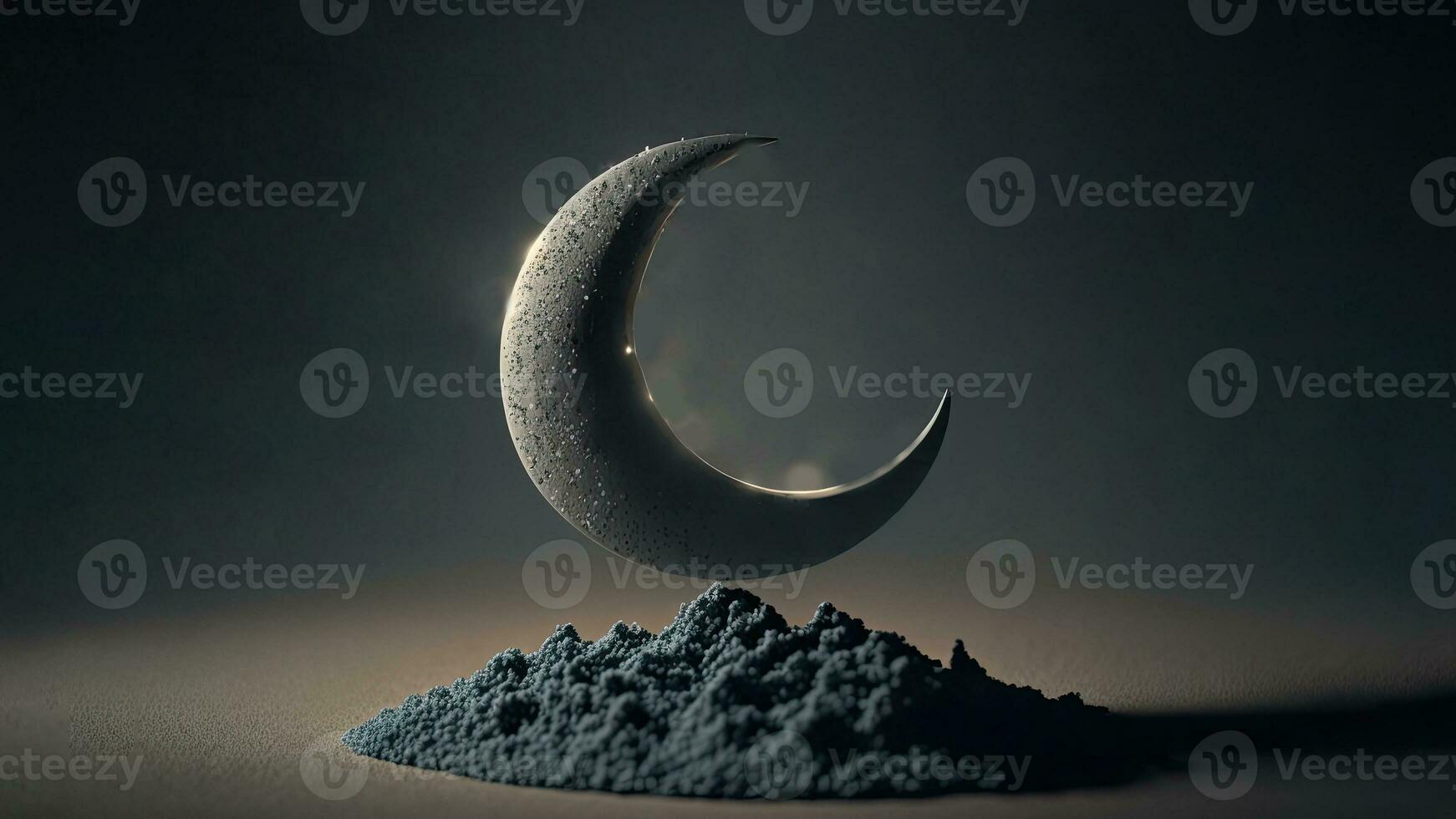 3d hacer de creciente Luna decorado con brillante estrellas en duna. islámico religioso concepto. foto