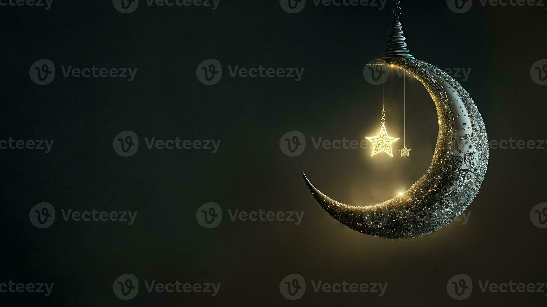 3D Render of Exquisite Shiny Crescent Moon On Bokeh Background. Islamic Religious Concept. photo