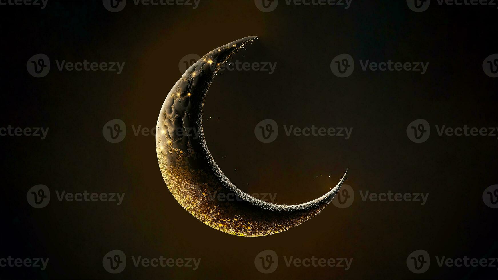 Hanging Exquisite Crescent Moon On Dark Background. 3D Render. Islamic Festival Concept. photo