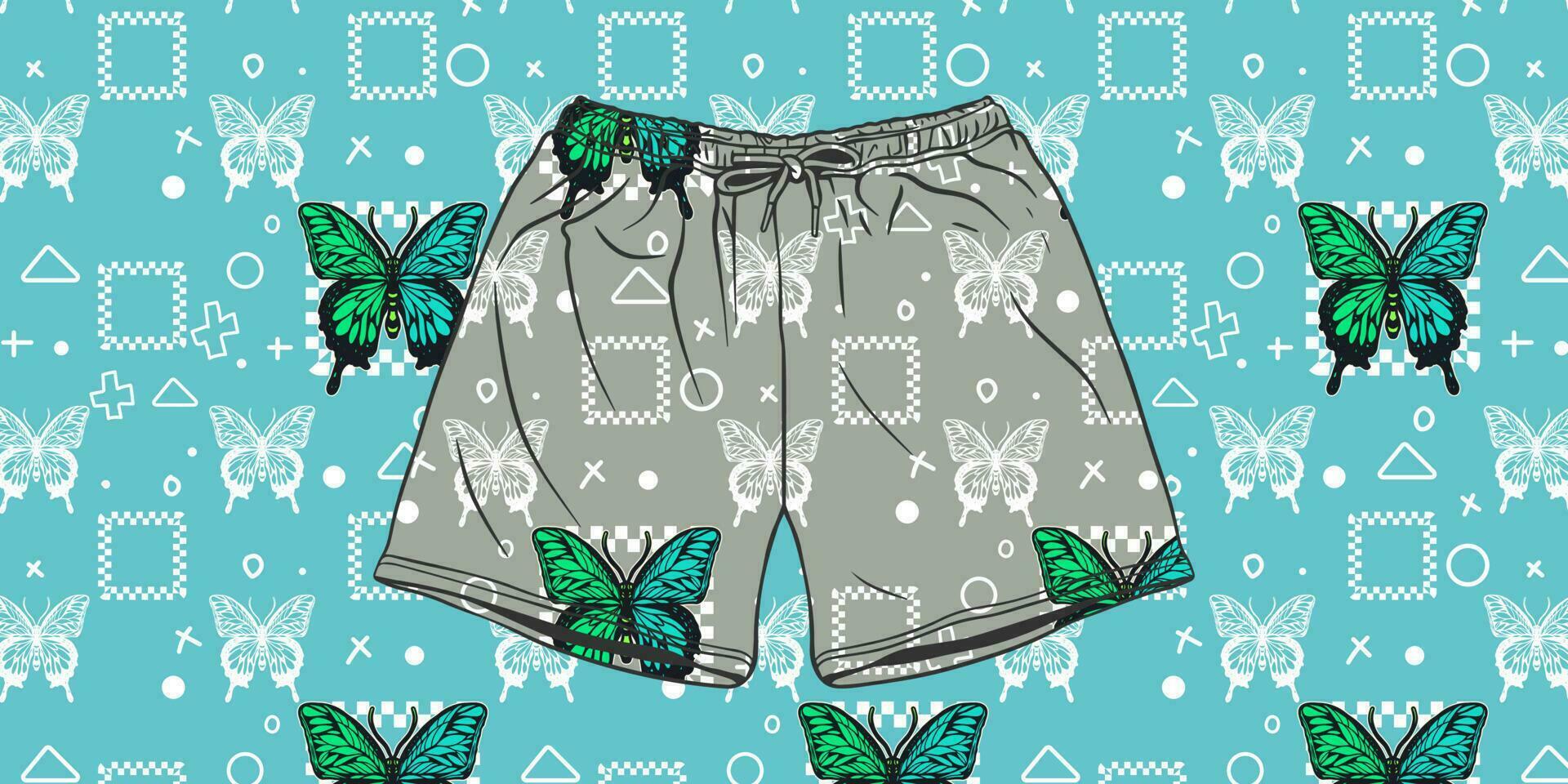 Summer Style Beach Pants Mockup with Flat Retro 90s Seamless Patterns