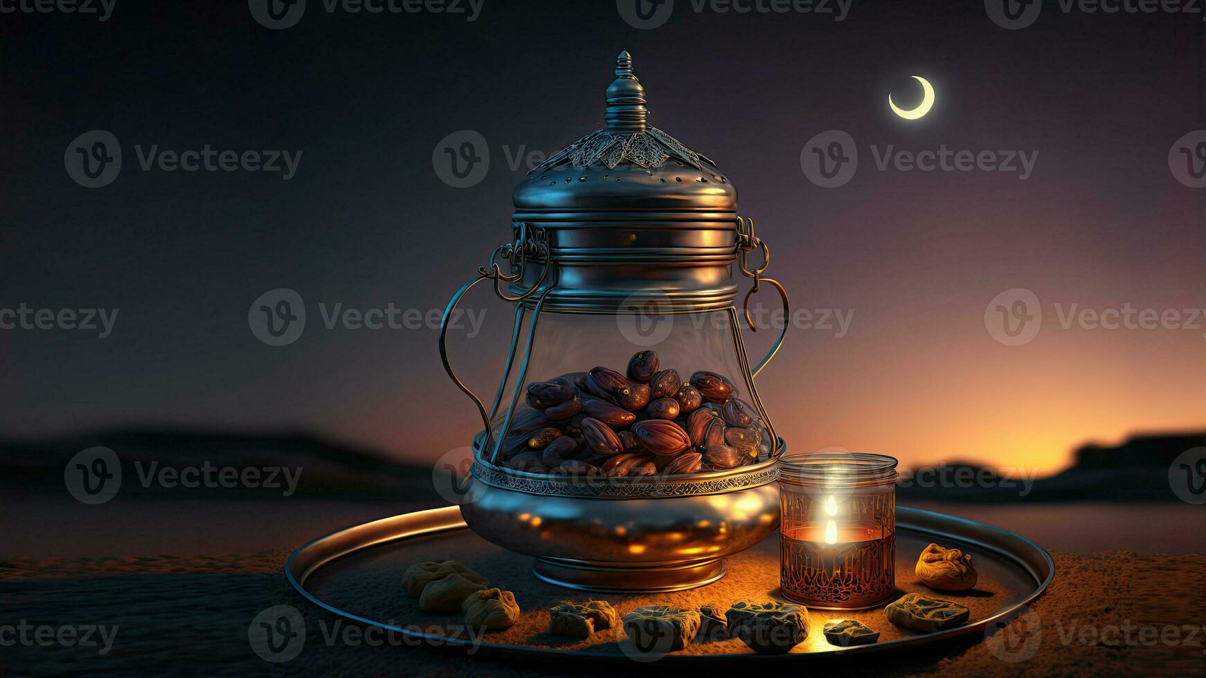 3D Render of Arabic Dates Jug With Lit Lantern On Plate In Cresent Moon Night Background. Islamic Religious Concept. photo