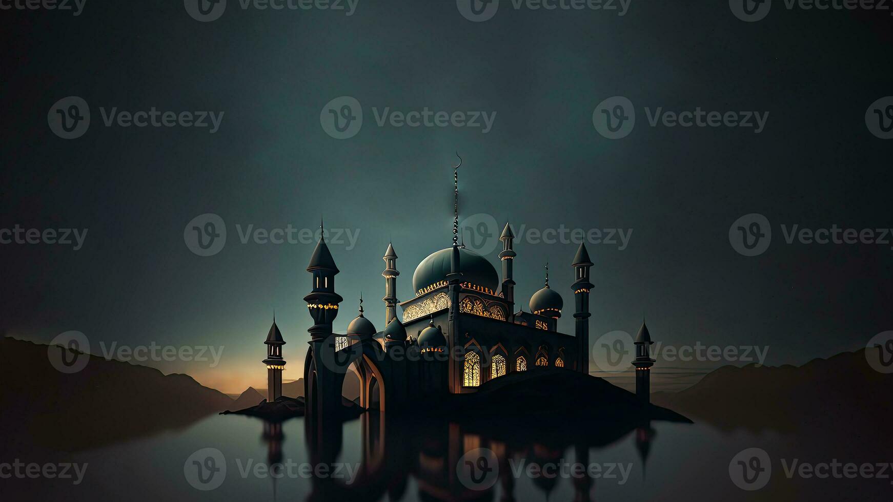 View of Mosque In Starry Night, Mosque Reflection In The Water. Islamic Religious Concept. 3D Render. photo