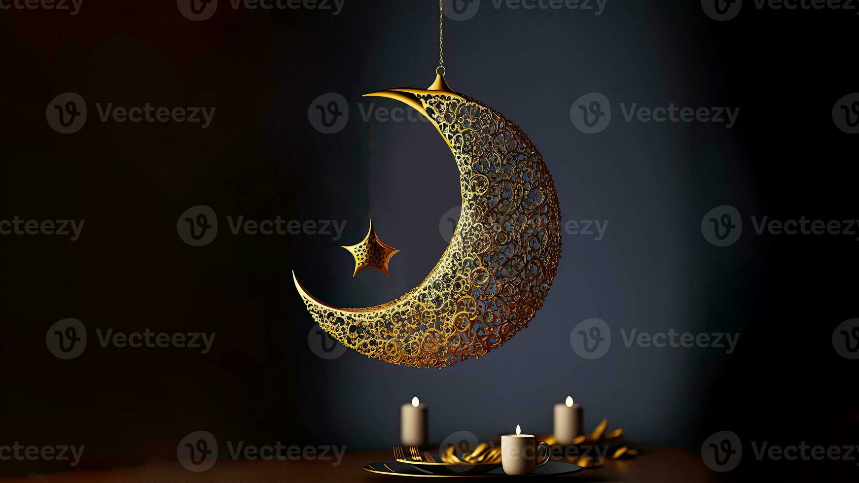 3D Render of Hanging Exquisite Shiny Carved Moon With Stars And Illuminated Candles On Black Background. Islamic Religious Concept. photo