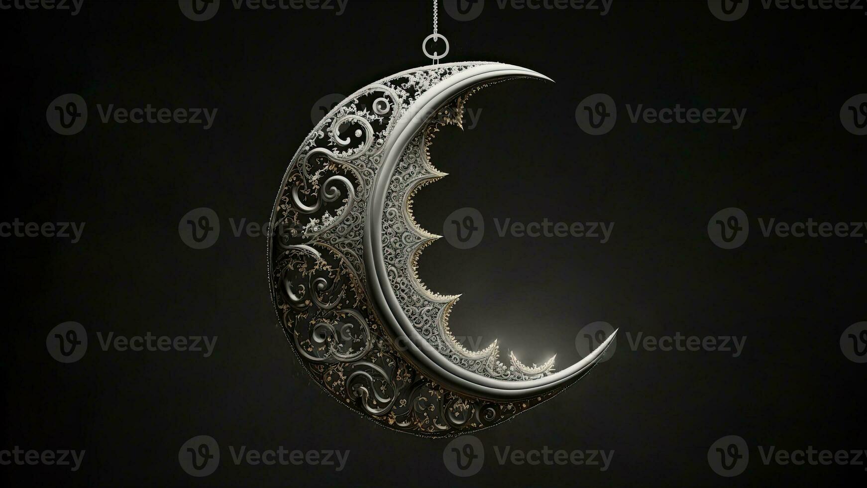 3D Render of Hanging Exquisite Shiny Carved Moon Black Background. Islamic Religious Concept. photo