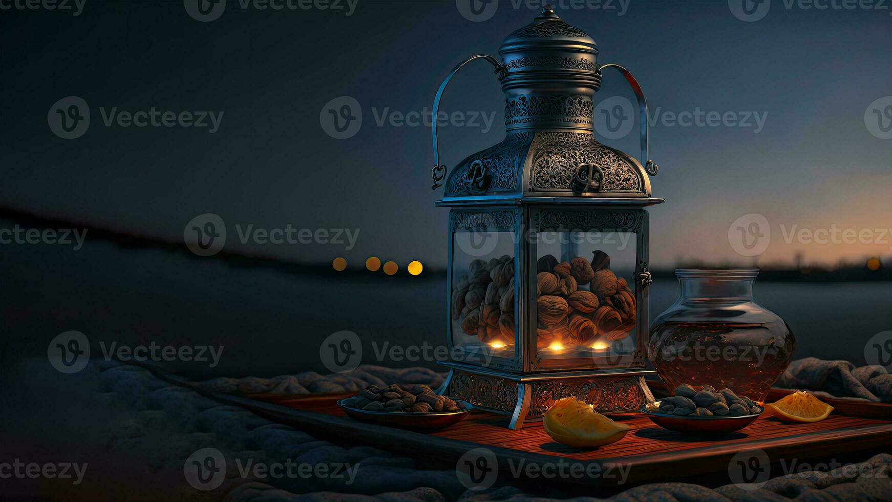 3D Render of Silver Arabic  Dates Jug With Glass, Dry Fruits On Plate Against Sand Dune. Islamic Religious Concept. photo