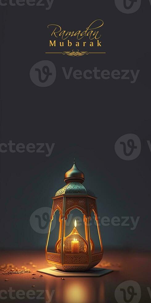 Ramadan Mubarak Banner Design With Realistic Illuminated Arabic Lamp On Dark Background. 3D Render. photo