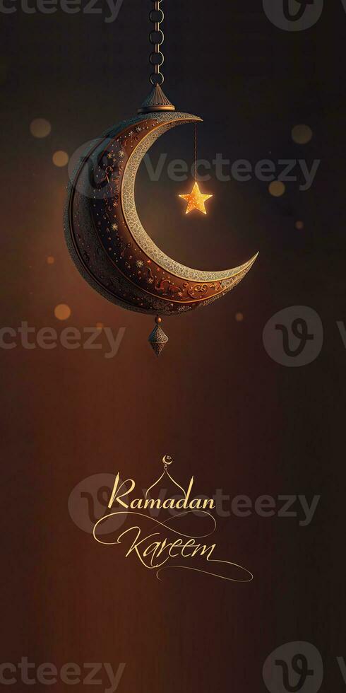 Ramadan Kareem Banner Design With 3D Render of Hanging Crescent Moon And Glowing Star On Bokeh Dark Background. photo