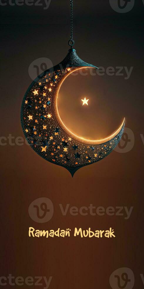 Ramadan Mubarak Banner Design With 3D Render of Hanging Shiny Starry Crescent Moon On Black Background. photo