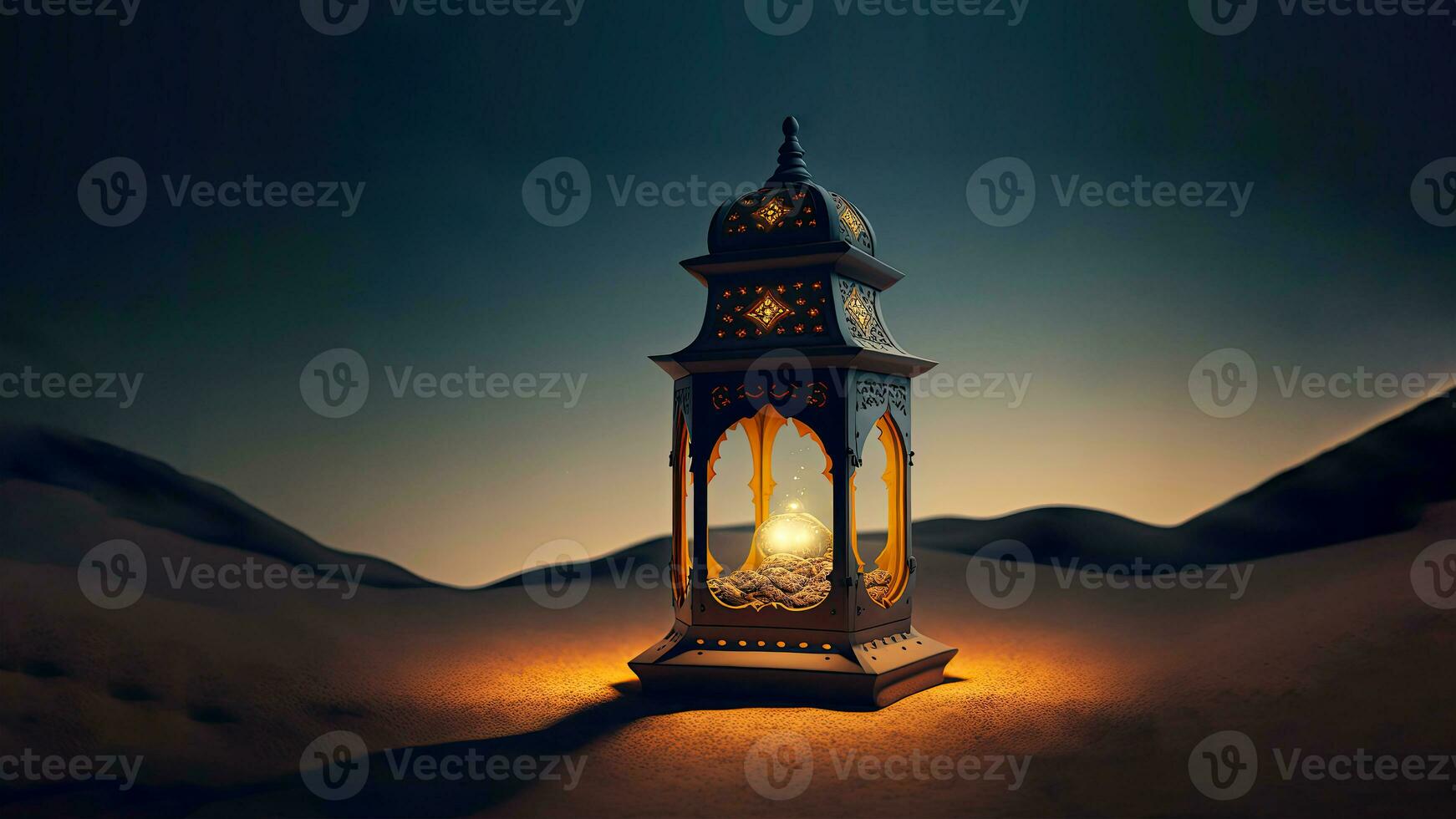 3D Render of Illuminated Arabic Lamp On Sand Dune. Islamic Religious Concept. photo