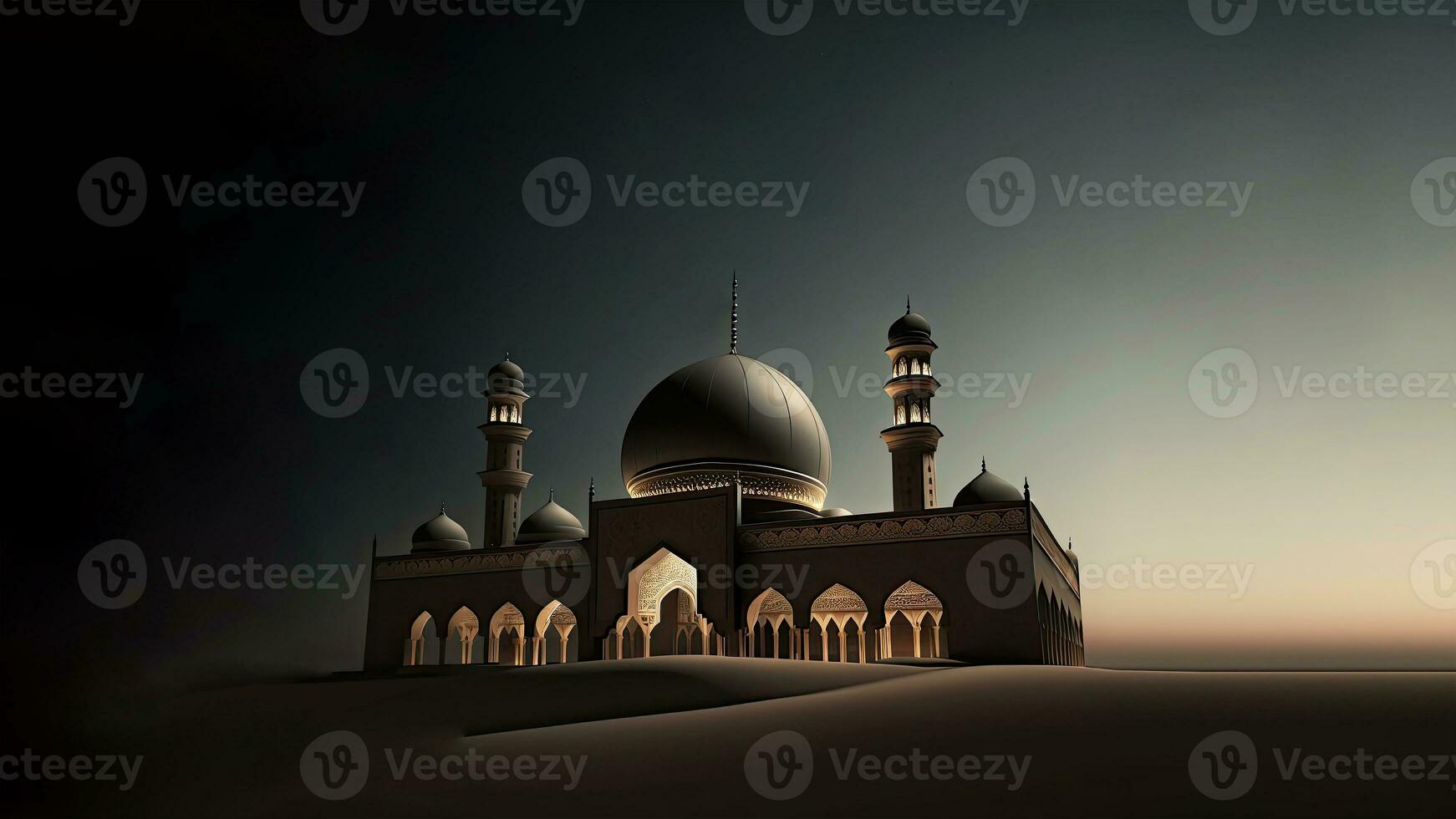 3D Render of Exquisite Mosque On Sand Dune Night Background. Islamic Religious Concept. photo