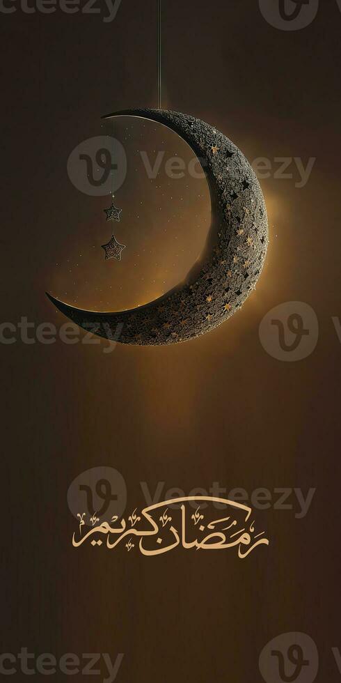 Arábica caligrafía de Ramadán kareem con 3d prestar, creciente Luna y colgando estrellas en oscuro antecedentes. bandera o encabezamiento diseño. foto