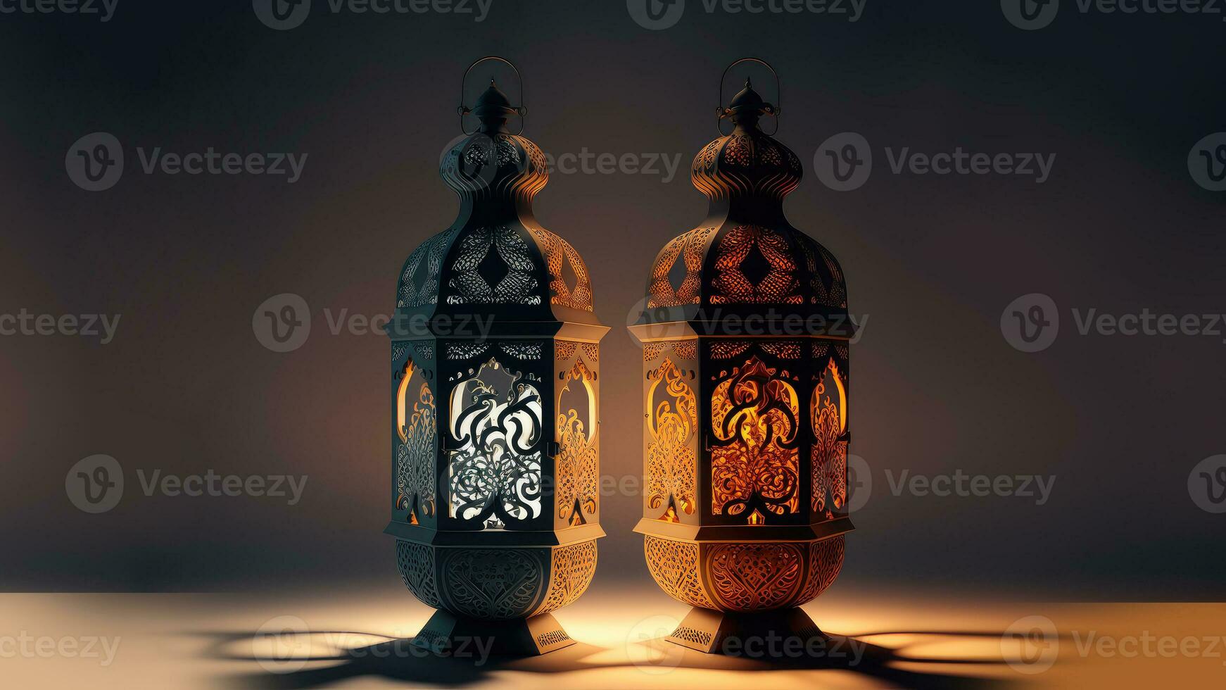 Realistic Illuminated Arabic Two Lanterns On Dark Background. Islamic Religious Concept. 3D Render photo