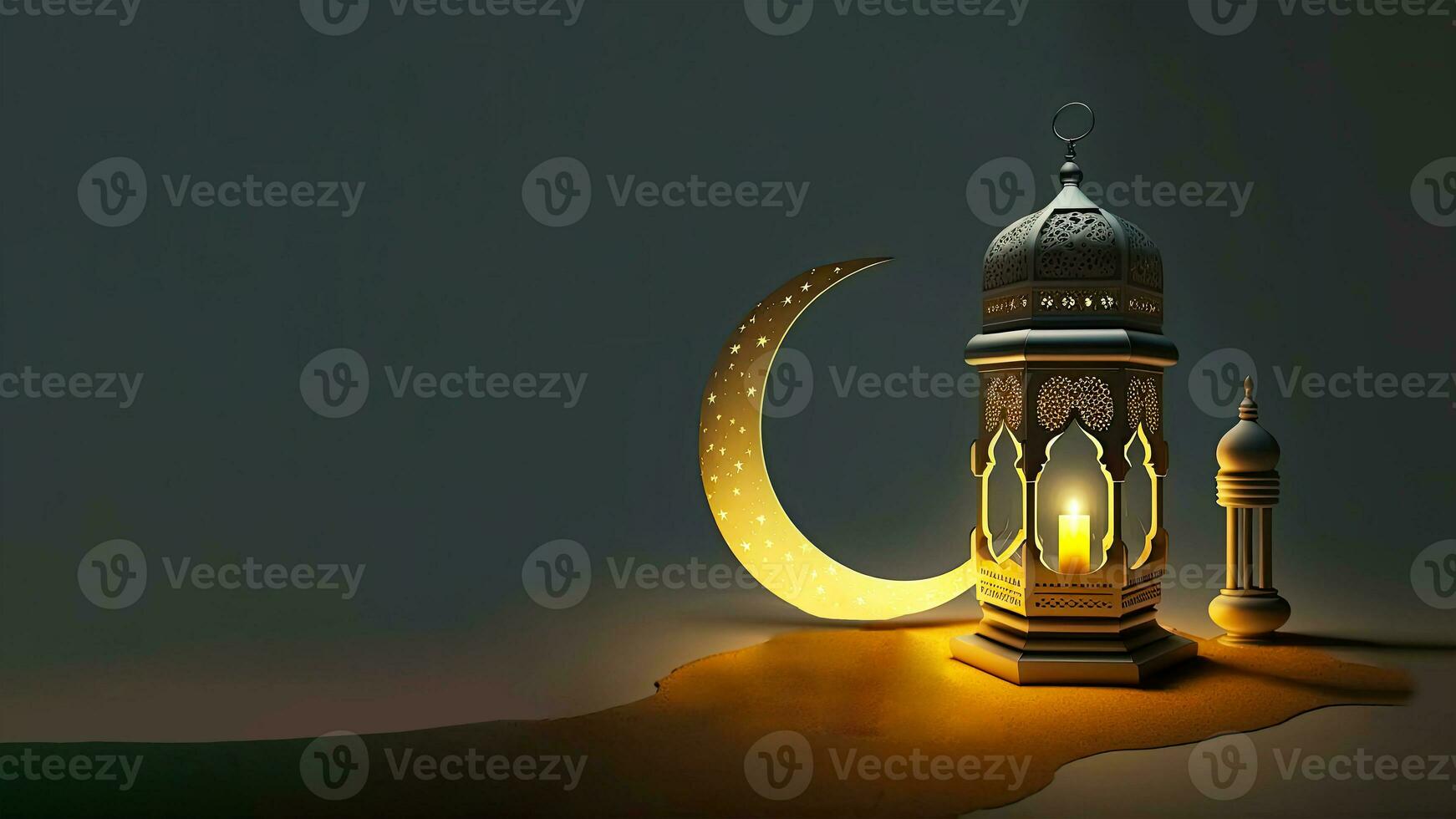3D Render of Illuminated Arabic Lamp With Crescent Moon On Sand Dune. Islamic Religious Concept. photo