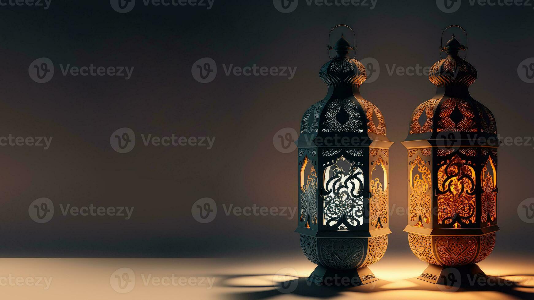 Realistic Illuminated Arabic Two Lanterns On Dark Background. Islamic Religious Concept. 3D Render photo