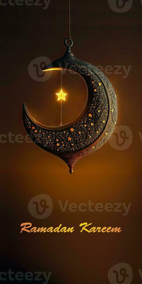 Ramadan Mubarak Banner Design With 3D Render of Hanging Shiny Starry Crescent Moon On Black Background. photo
