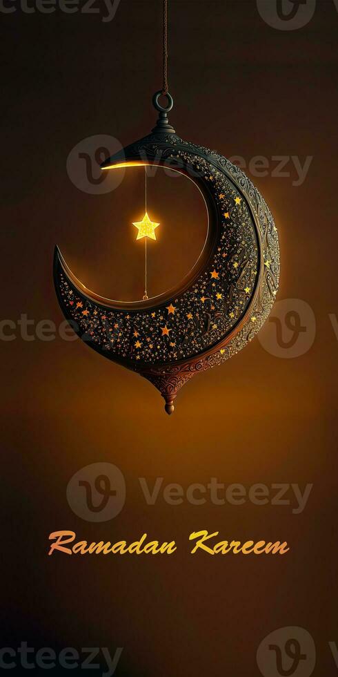 Ramadán Mubarak bandera diseño con 3d hacer de colgando brillante estrellado creciente Luna en negro antecedentes. foto