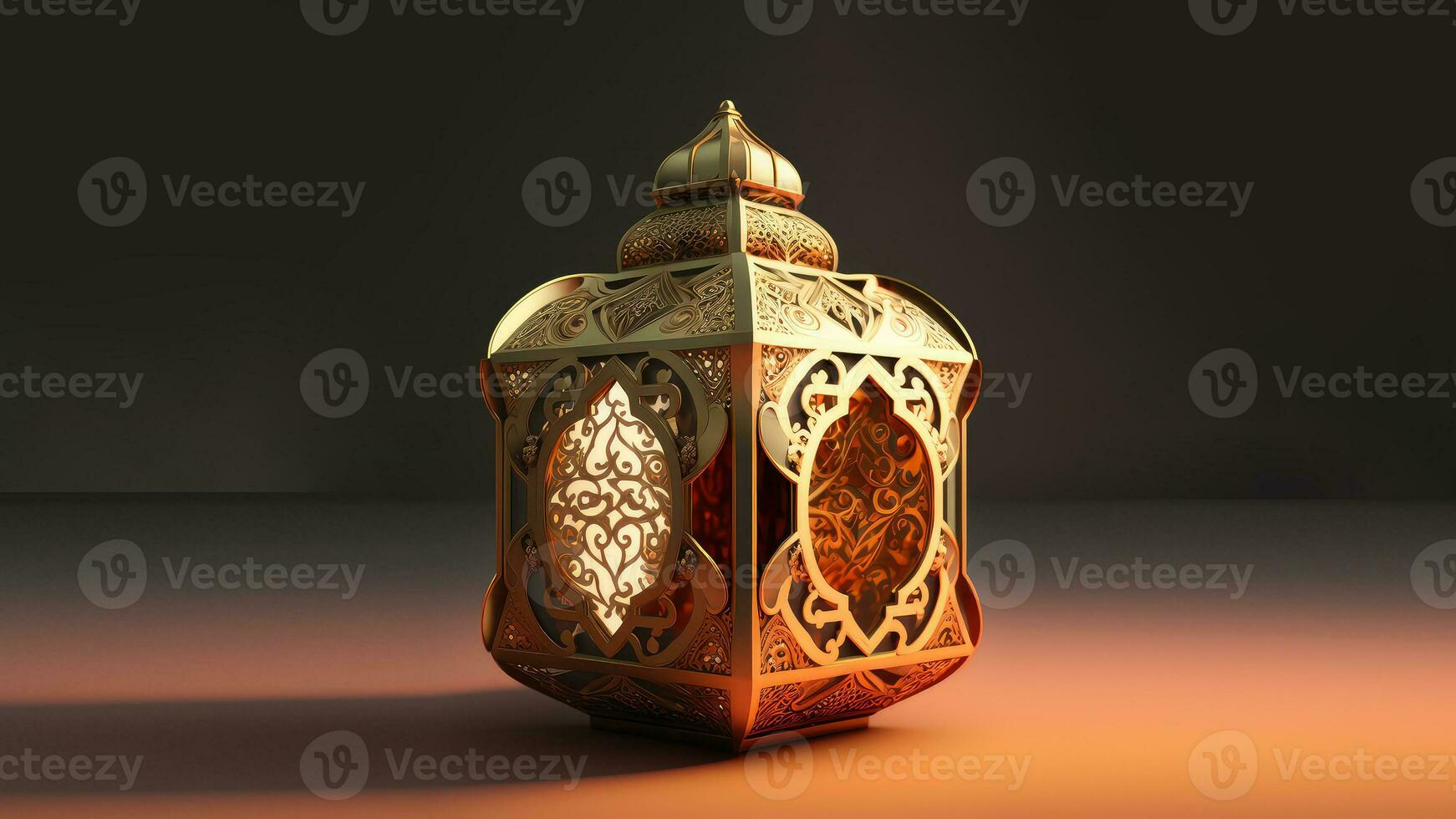 Realistic Golden Arabic Lantern And Copy Space. Islamic Religious Concept. 3D Render. photo