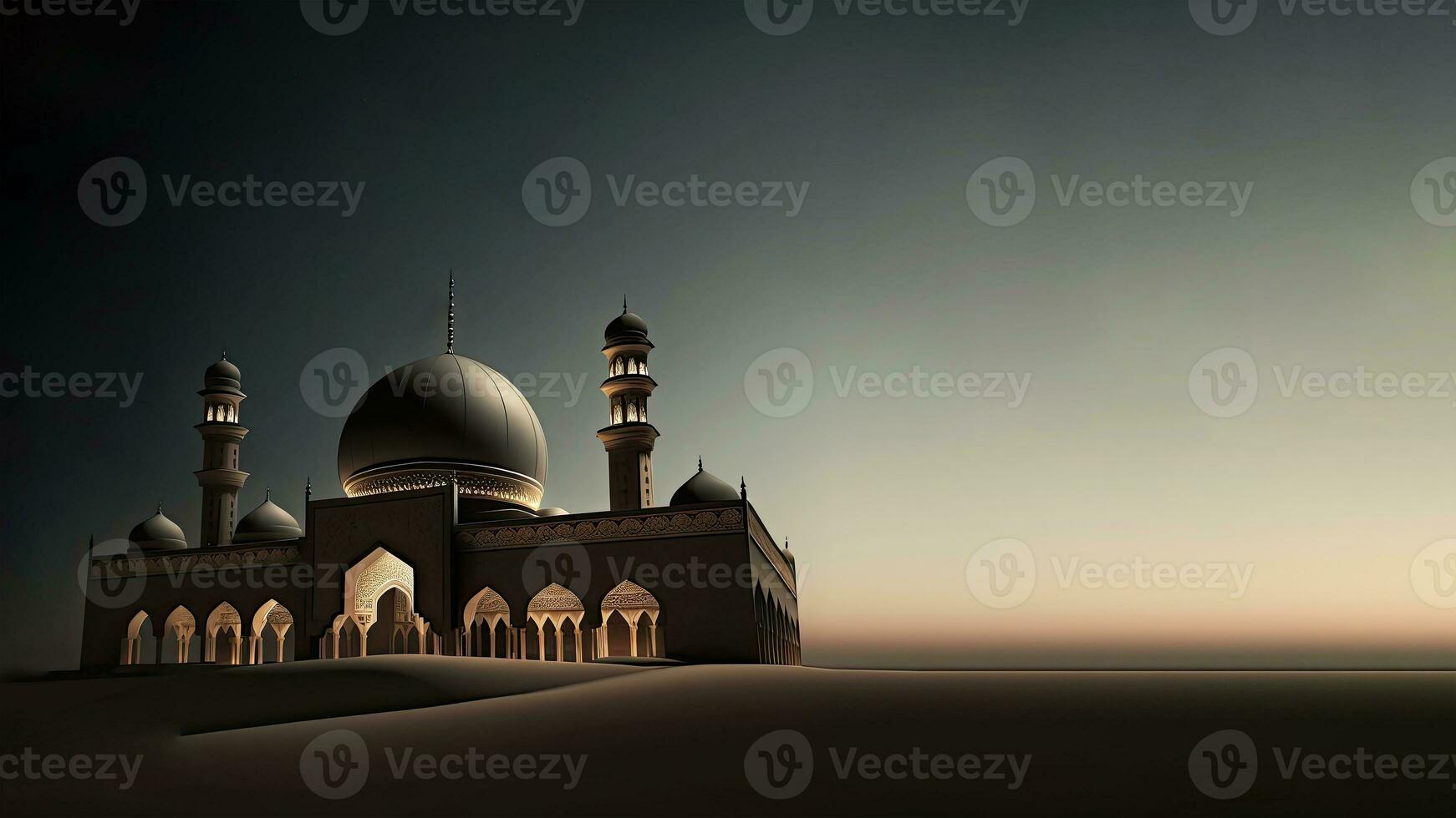 3D Render of Exquisite Mosque On Sand Dune Night Background. Islamic Religious Concept. photo