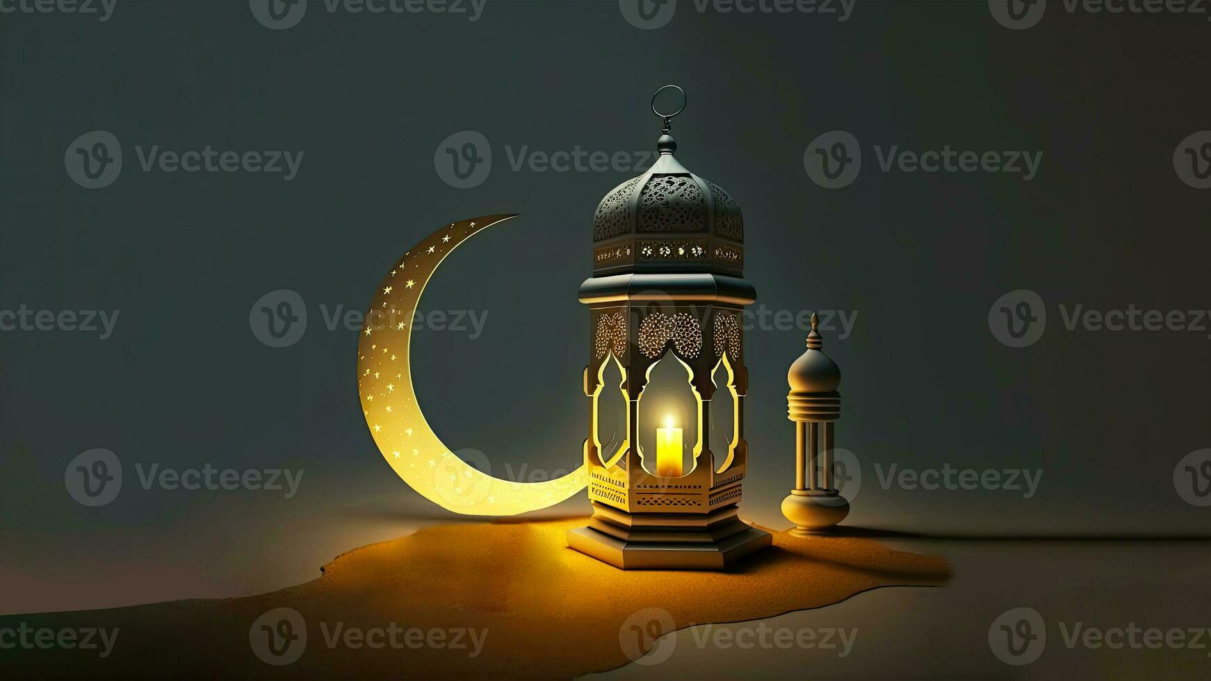 3D Render of Illuminated Arabic Lamp With Crescent Moon On Sand Dune. Islamic Religious Concept. photo