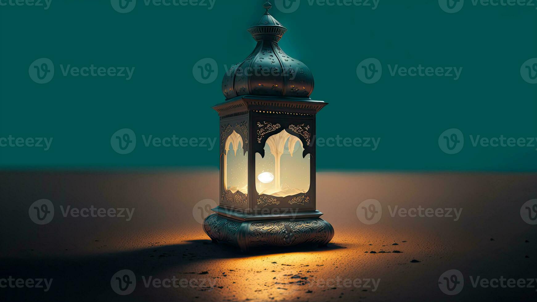 Realistic Illuminated Arabic Lantern On Blue Background. Islamic Religious Concept. 3D Render. photo