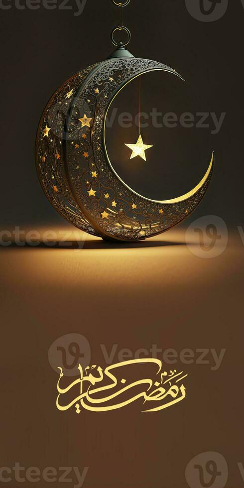 Arabic Calligraphy of Ramadan Kareem With 3D Render, Exquisite Crescent Moon And Hanging Shiny Star On Black Background. Banner or Header Design. photo