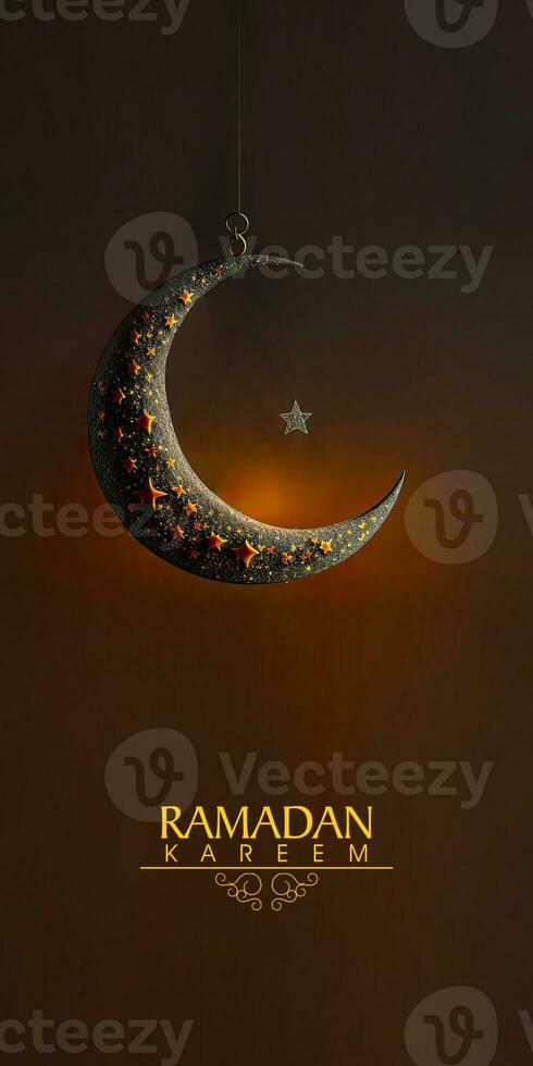 Ramadan Kareem Banner Design With 3D Render of Hanging Crescent Moon And Star On Dark Background. photo