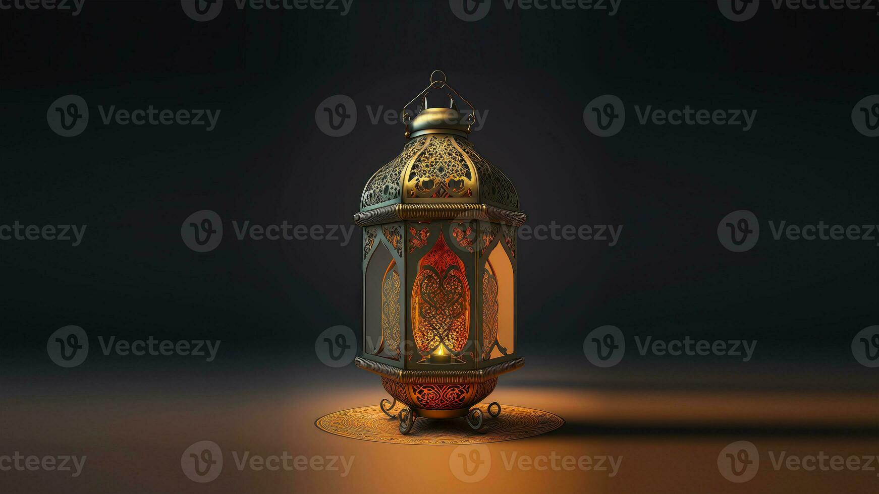 Realistic Illuminated Arabic Lantern On Black Background. Islamic Religious Concept. 3D Render. photo