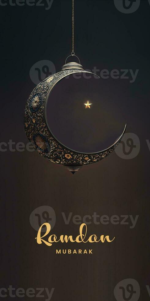 Ramadan Mubarak Banner Design With 3D Render of Hanging Exquisite Crescent Moon And Star On Black Background. photo