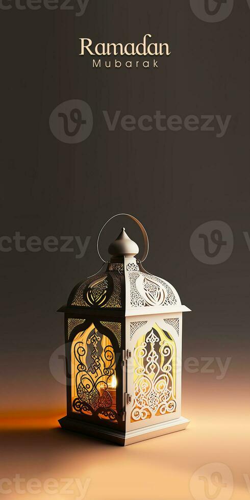 Ramadan Mubarak Banner Design With 3D Render of Illuminated Arabic Lamp On Black And Copper Background. photo