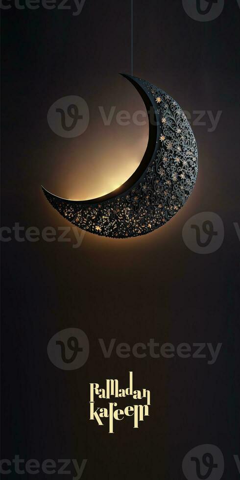 Ramadan Kareem Banner Design With 3D Render of Hanging Exquisite Crescent Moon On Black Background. photo