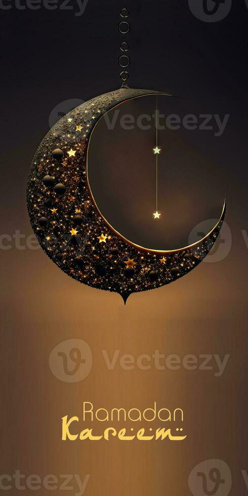 Ramadan Mubarak Banner Design With 3D Render of Hanging Shiny Starry Crescent Moon On Black Background. photo