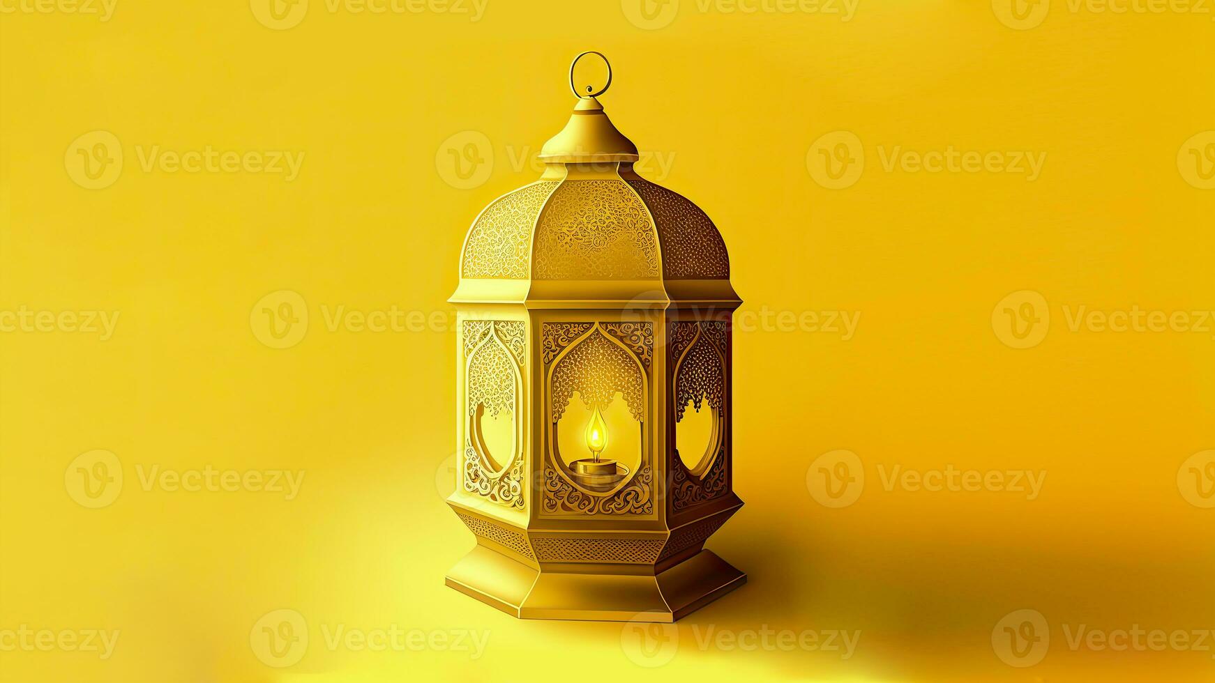 Illuminated Golden Arabic Lantern On Chrome Yellow Background. Islamic Religious Concept. 3D Render. photo