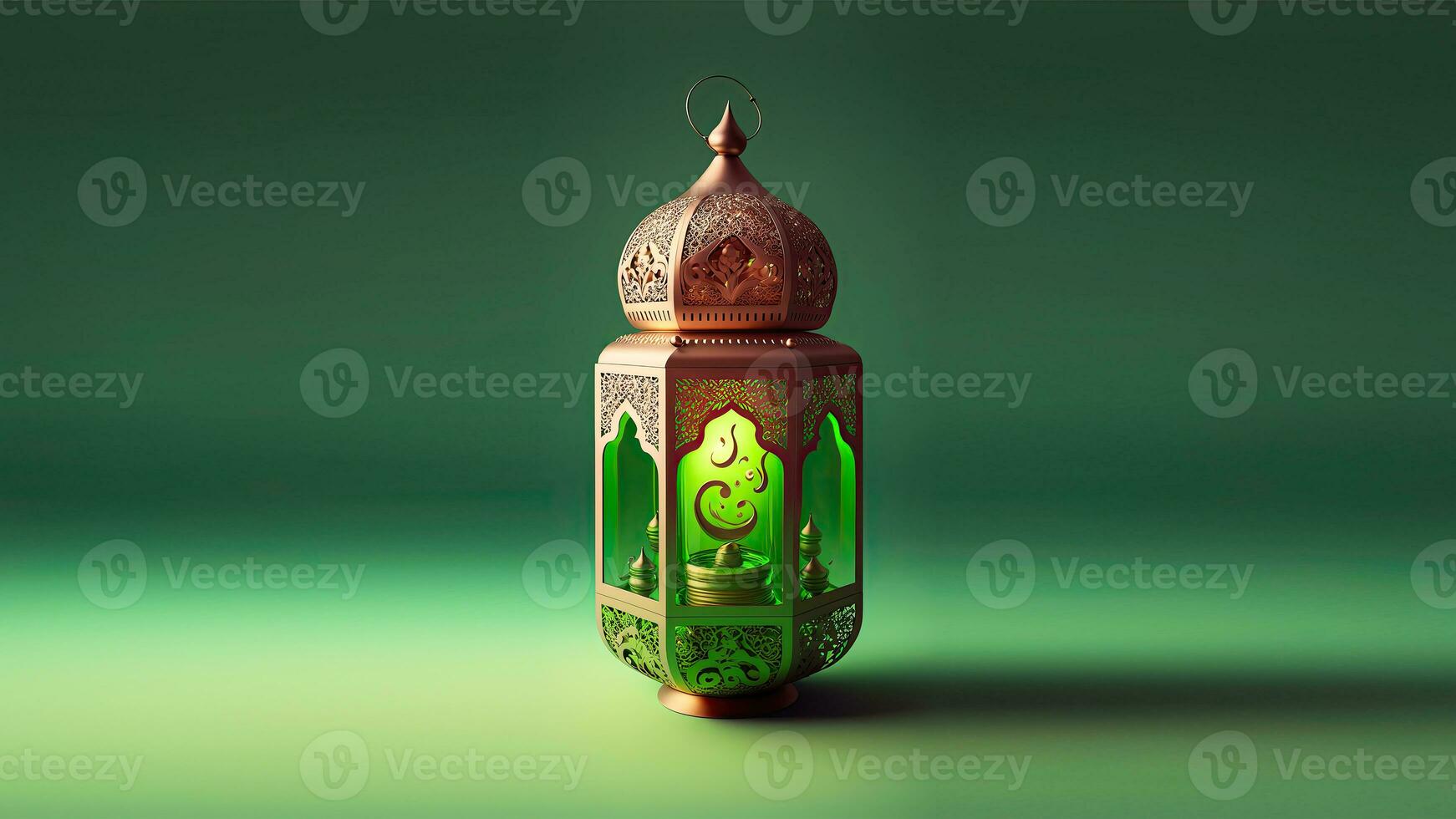 Realistic Arabic Lantern On Green Background. 3D Render. photo