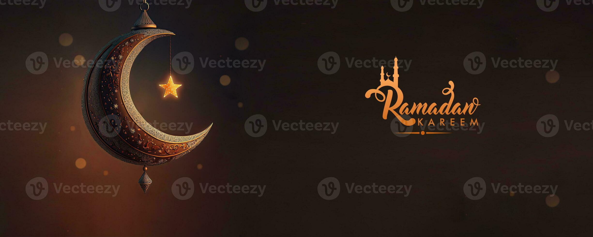 Ramadan Kareem Banner Design With 3D Render of Hanging Crescent Moon And Glowing Star On Bokeh Dark Background. photo