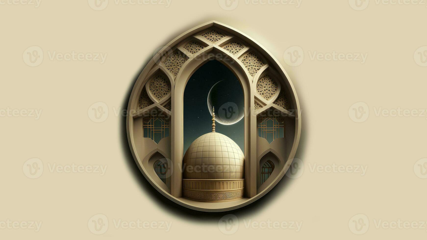 3d hacer de mezquita con realista creciente Luna dentro mosaico ventana. islámico religioso concepto. foto