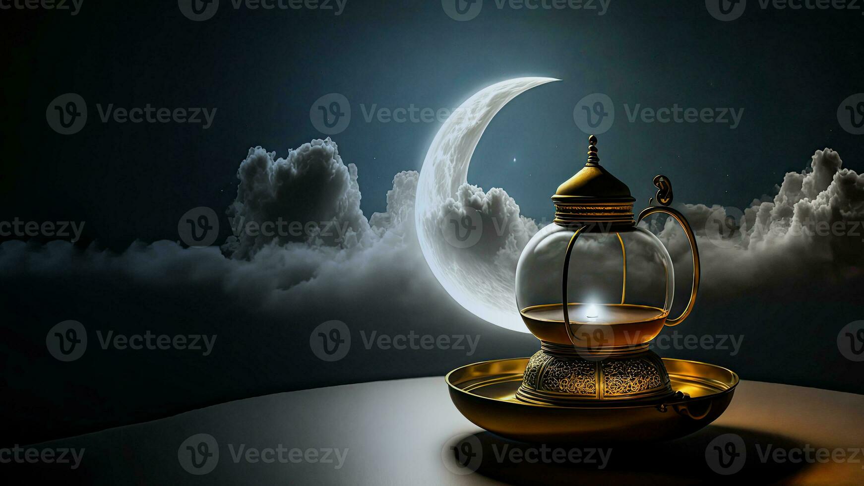 3D Render of Illuminated Golden Arabic Lamp On Plate Against Crescent Moon Cloudy Background. Islamic Religious Concept. photo