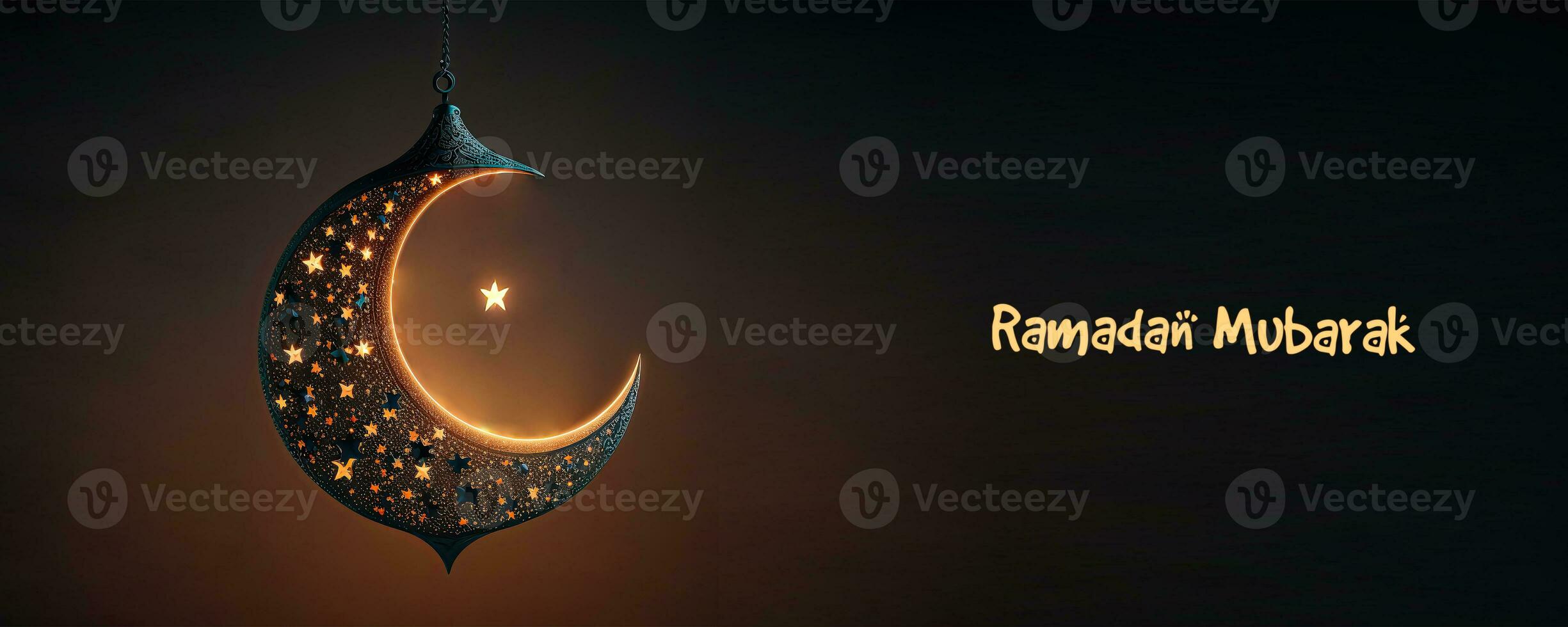 Ramadán Mubarak bandera diseño con 3d hacer de colgando brillante estrellado creciente Luna en negro antecedentes. foto