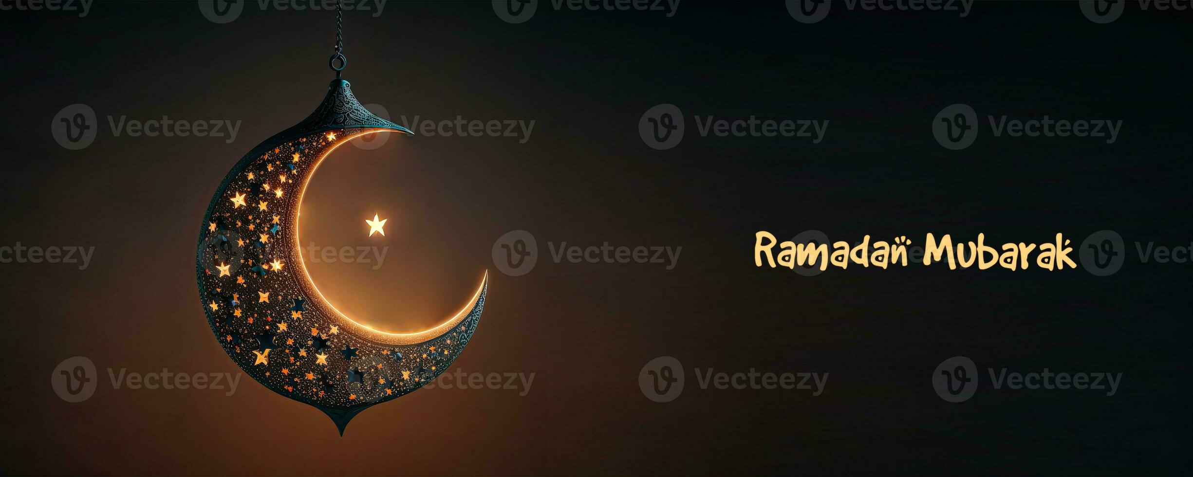 Ramadan Mubarak Banner Design With 3D Render of Hanging Shiny Starry Crescent Moon On Black Background. photo