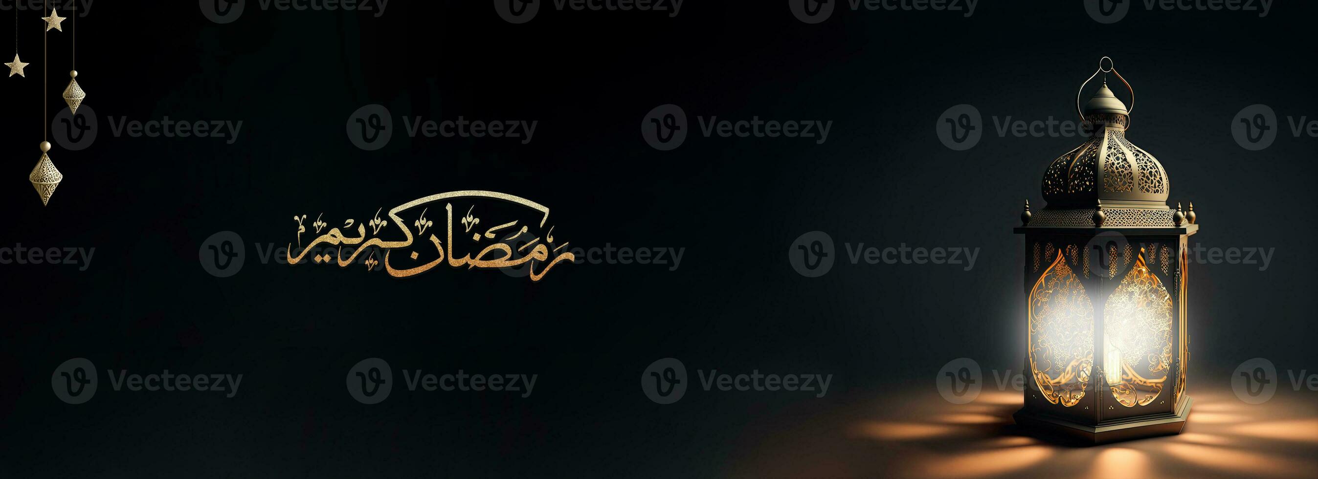 Arabic Calligraphy of Golden Ramadan Kareem And 3D Render, Illuminated Arabic Lamp On Black Background. Banner Design. photo