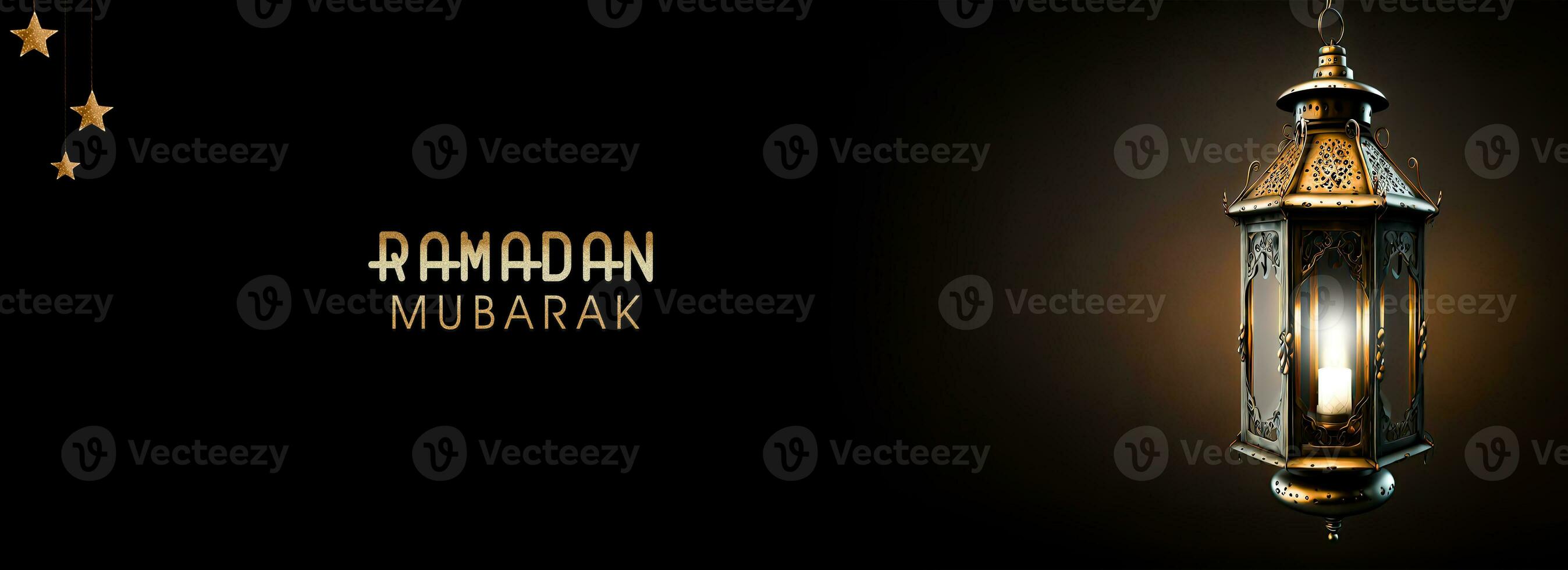 Ramadan Kareem Banner Design With 3D Render of Illuminated Arabic Lamp Hang On Dark Background. photo