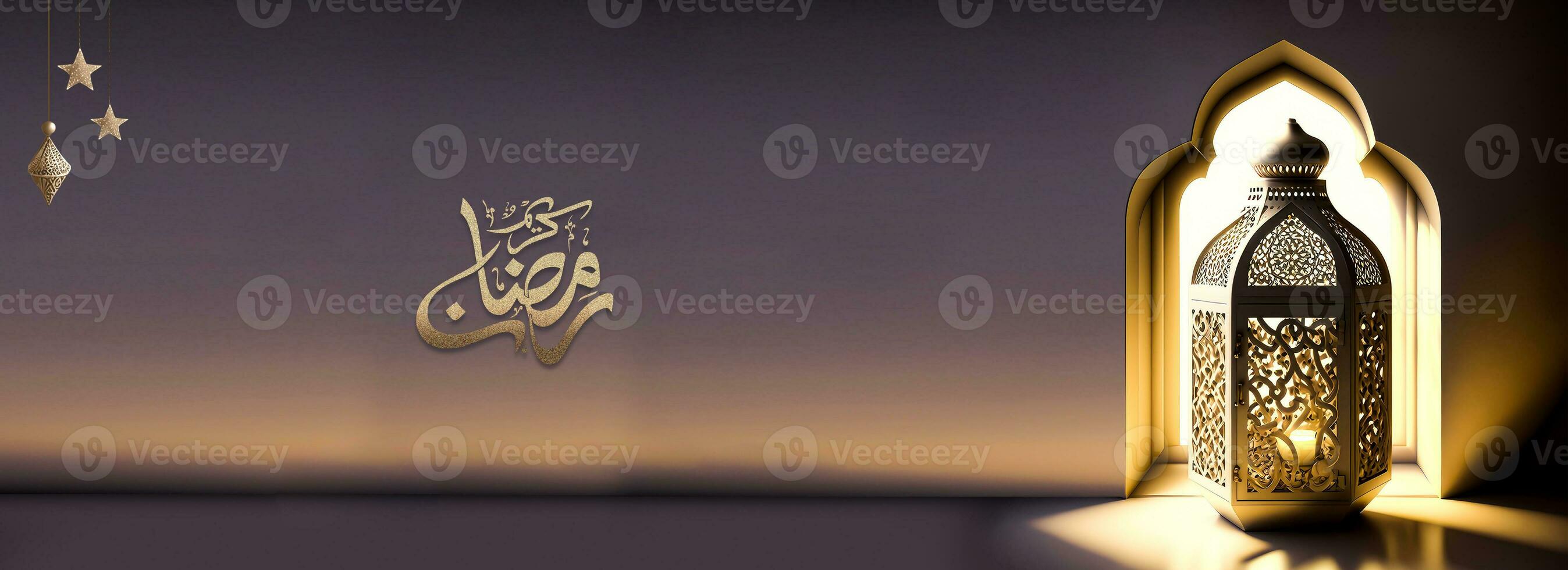 Arabic Calligraphy of Ramadan Kareem And 3D Render, Illuminated Arabic Lantern On Islamic Window. photo