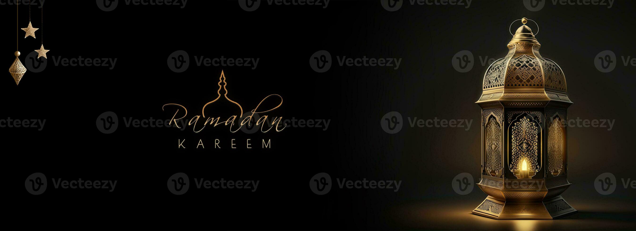 Ramadan Kareem Banner Design With 3D Render of Illuminated Arabic Lamp On Dark Background. photo